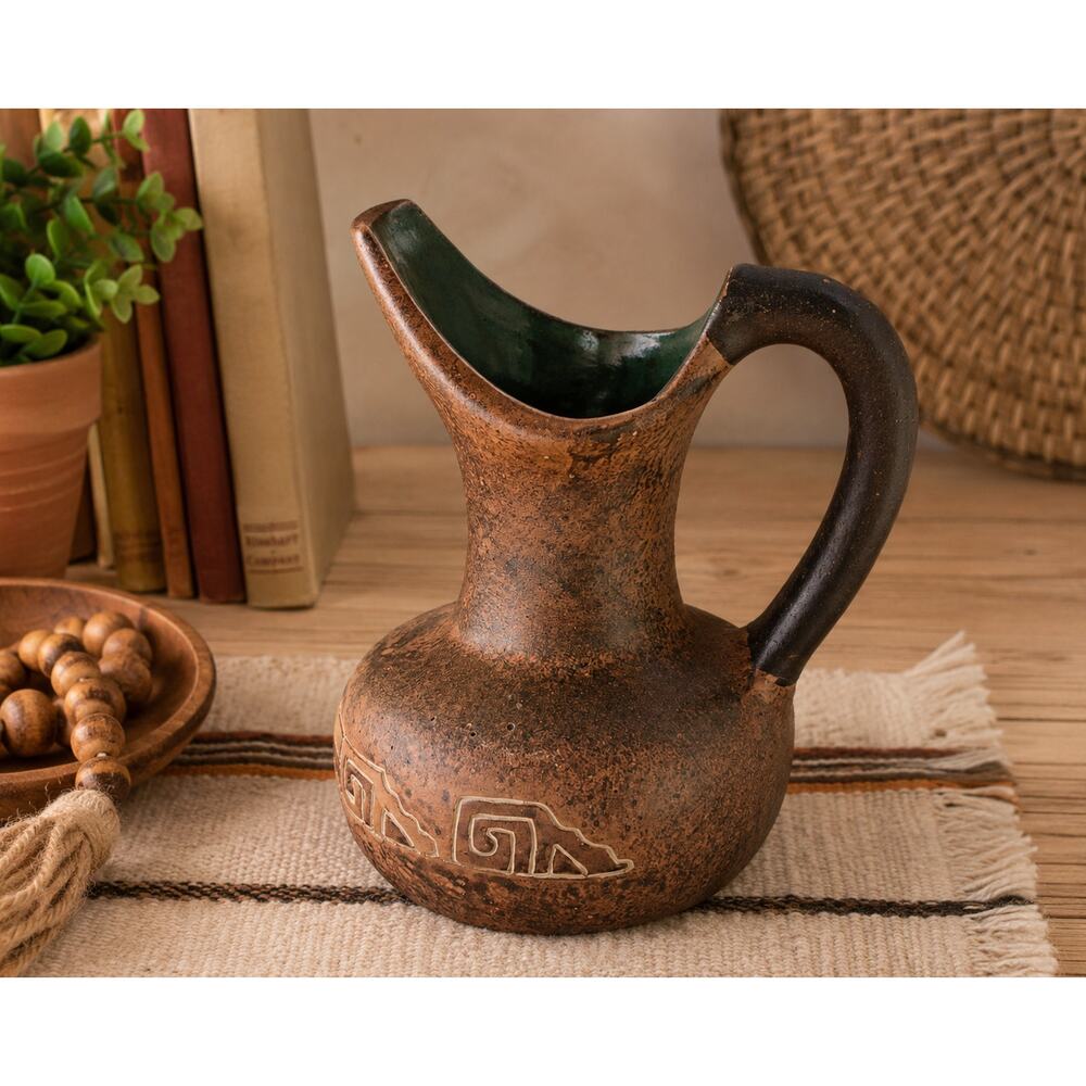 Vintage Mexican Redware Pottery Pitcher Jug Rustic Boho MCM Decor